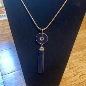Goldtone & navy leather tassel necklace NWT